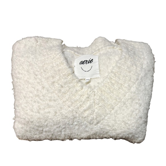 Aerie Women’s Soft Chenille V-Neck Sweater White Textured Knit Size M Oversized - Picture 3 of 11